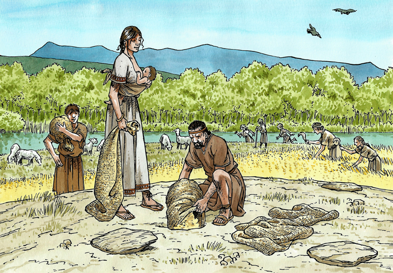 Vida quotidiana al poblat iberoromà de Can Caseta. La casa és un espai productiu en el qual, les dones, homes, nenes, nens, ancianes i ancians, participaven en les diverses activitats, segons les pròpies capacitats i l’edat. 